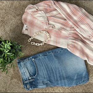 Loft outlet rose colored plaid ruffle long sleeve peplum blouse petite small.